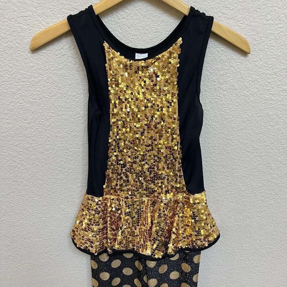 Weissman Size Child Medium Gold Digger Dance Costume Black Gold Sequin Jean Vest